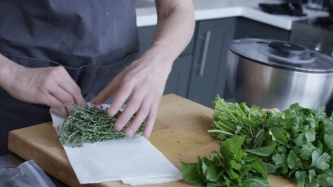 Assim que chegar em casa, enrole suas ervas em uma toalha de papel úmida e coloque-as dentro de um saquinho plástico. Isso vai mantê-las frescas, verdes e firmes. Já as verduras folhosas, coloque em uma toalha de papel SECA para absorver o excesso de umidade que pode murchá-las.