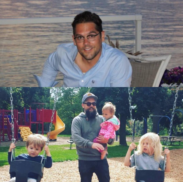 Top: Man without kids enjoying a relaxing evening at the beach. Bottom: Man spending the evening pushing his two kids while holding the other one at the park.