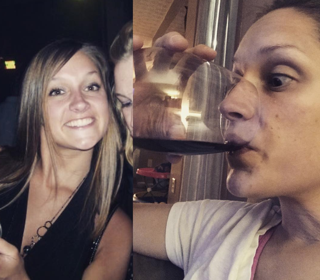 Left: Woman who goes out with friends whenever she wants because she has no kids. Right: Woman who chugs wine at home whenever she wants because she has kids.