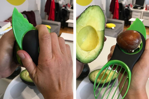 Someone trying the avocado tool, removing an avocado pit with it