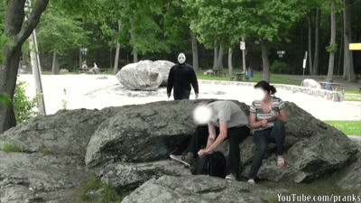 For extra asshole points: Get a couple of your pals to join you and have them dress up like Chucky and the killer from Scream, like these guys. See an extended clip of the "Jason Voorhees" prankster in the GIF here.