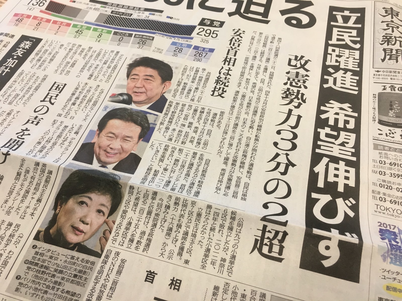 東京新聞はまず、期日前投票が過去最高になったことに言及し、「先人が勝ち得てきた貴重な選挙権だ。無駄にしてはならない、との熱い思いを感じざるを得ない」と振り返った。選挙結果により、「安倍首相が積極的に支持されたと断言するのは早計だろう」と強調。森友・加計問題への説明が選挙戦でなされなかったことを批判し、「わずか二ヶ月前、深い反省やおわびを表明した首相の低姿勢はどこに行ってしまったのか」とした。また、「小池氏の準備不足や民進党の混乱を見越した解散なら、選挙戦略としては巧妙」としつつ、「首相としては誠実と言えない」と指摘。「立憲民主党の伸長は、安倍政権に対する批判の強さと受け止めるべき」とした。憲法改正については、「『改憲派』の各党」にも違いがあるとし、「日程ありきで拙速に議論を進めるべきではない」とも求めた。そのうえで、森友・加計問題について「選挙を経たからといって免責されるわけでもない」と釘を刺し、首相自身の「謙虚に、丁寧に、国民の負託に応えるために全力を尽くす」という言葉を引用し、結んだ。