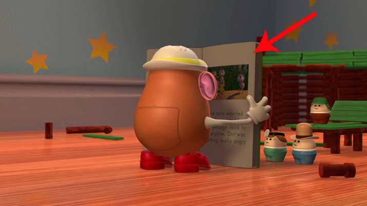 A lot of the time, this includes references to other Pixar movies, like when Mr. Potato Head from Toy Story reads A Bug's Life book.
