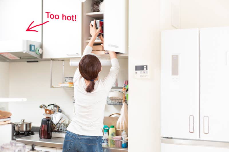 Cabinets above the stove or next to large appliances can get pretty darn hot. Avoid storing items that could go bad (like canned goods) in these spots and reserve them for plates and cooking tools. In restaurants, we tend to keep dry storage away from the hot line for this very reason.