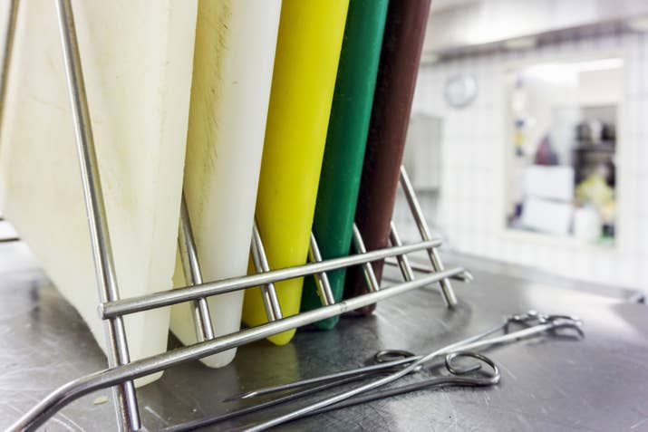 In restaurants, we have different colored cutting boards for different applications to prevent cross-contamination. At home, I like to keep two boards ― one for cutting savory items and one for cutting sweets. That way, my chopped chocolate doesn't taste like garlic.