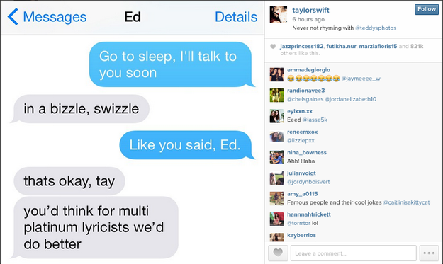 When Taylor Swift shared this "sweet bedtime convo" with Ed Sheeran about just casually being multi-platinum lyricists.