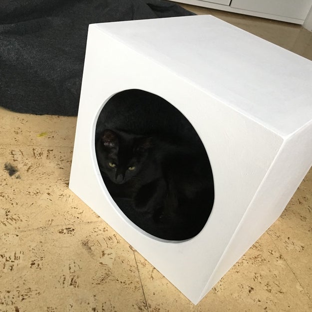 This cat cavern fits inside both the Expedit and Kallax shelving compartments.