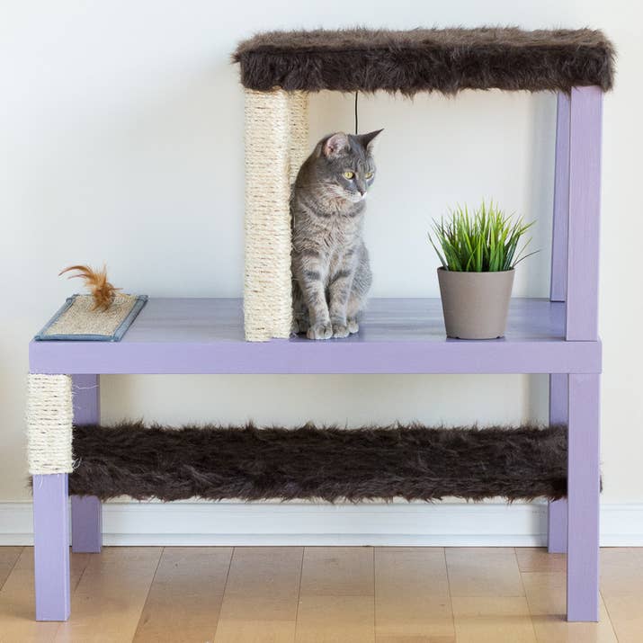 This gorgeous DIY cat condo requires two different tables and a few other accessories. Here are the instructions.