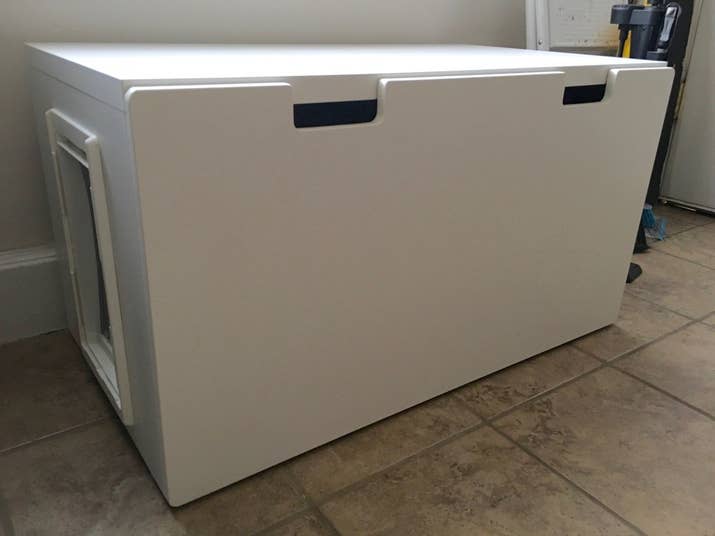 Here's how to convert a Stuva storage bench into a convenient cat bathroom.