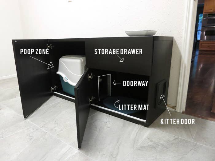 Here are instructions for transforming a Besta cabinet into a luxury cat bathroom (including a storage space for litter and cleaning supplies.)