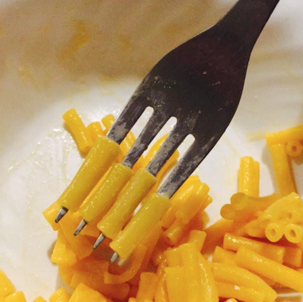 Aligned the noodles of your mac and cheese on your fork.