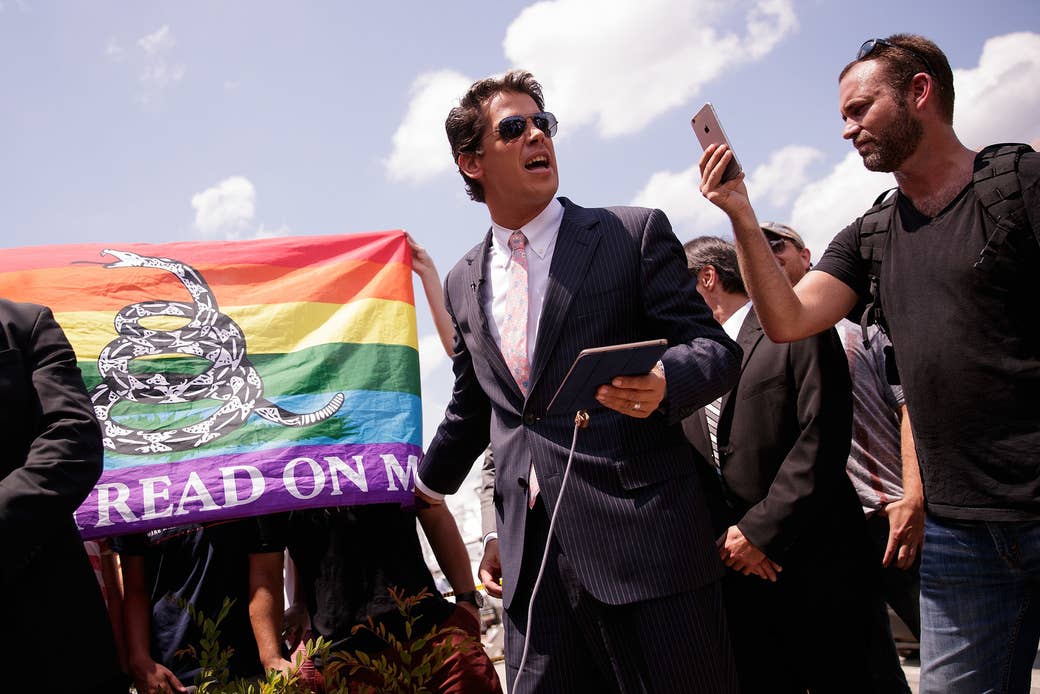 Yiannopoulos holds a press conference down the street from Orlando's Pulse Nightclub on June 15, 2016, two days after the shooting that killed 49 people and injured 53.