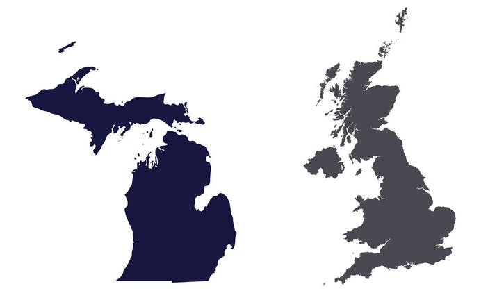 The area of Great Britain is 94,226 square miles, including land and water area. Comparatively, the land and water area of Michigan is 96,716 square miles. However, if you only consider land area, Britain has Michigan beat by a little over 36,000 square miles.