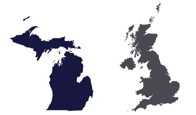 The state of Michigan is slightly bigger than Great Britain.