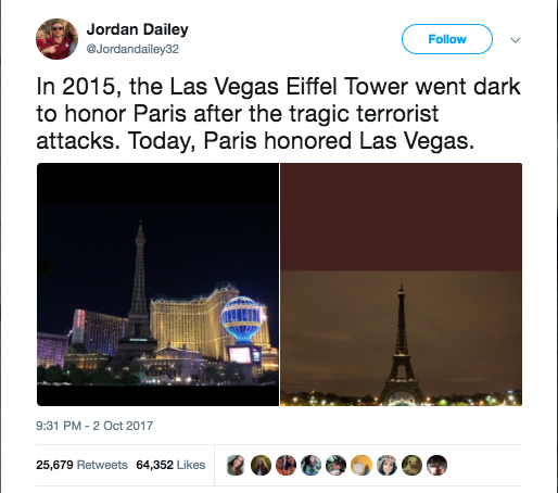 Eiffel Tower goes dark in tribute to Las Vegas, Marseille victims