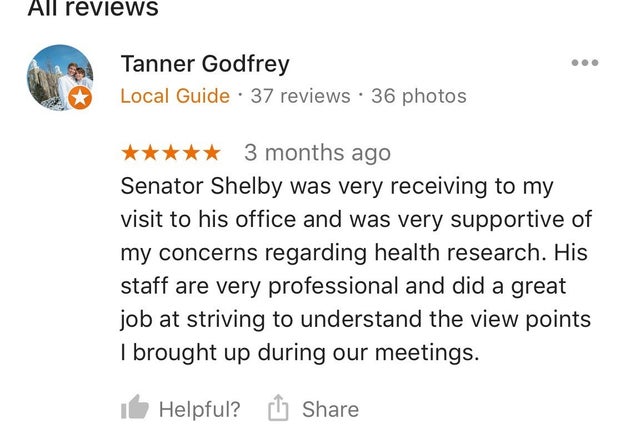 Some users commented strictly on the services the office provided — like this person, who thought Alabama Sen. Richard Shelby's staff was "very professional."