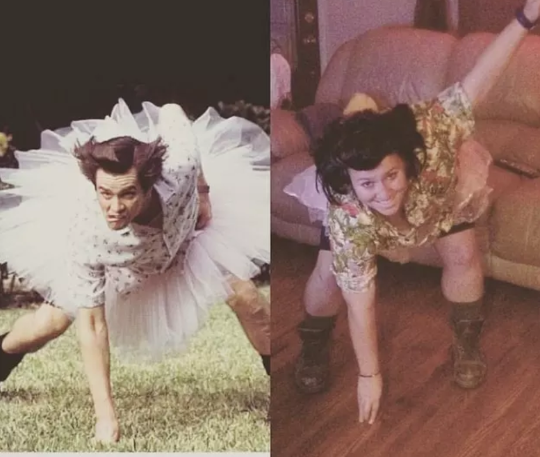 Jim Carrey as Ace Ventura alongside a woman also in a crouching position and wearing a tutu