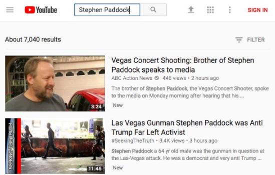 The second result for Paddock was a video from a popular channel called "#SeekingTheTruth" that erroneously suggested Paddock was "an anti-Trump far-left activist."