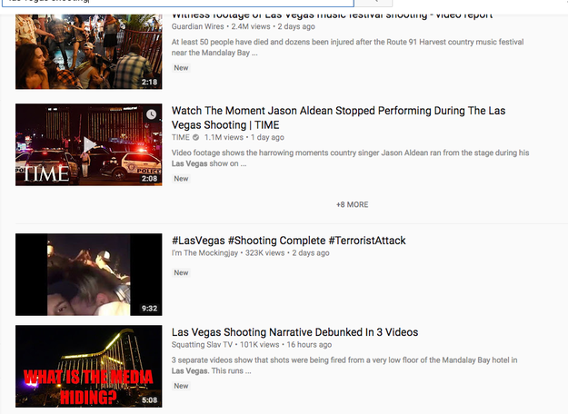The fourth result returned a video attempting to "debunk the mainstream media's coverage of the shooting and included a thumbnail asking, "WHAT IS THE MEDIA HIDING?"
