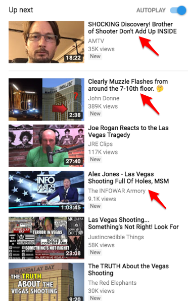 A look at the YouTube's right-side recommendation bar shows videos that erroneously suggest there was a a second shooter, as well as videos from Alex Jones' site, Infowars, which frequently peddles conspiratorial content.