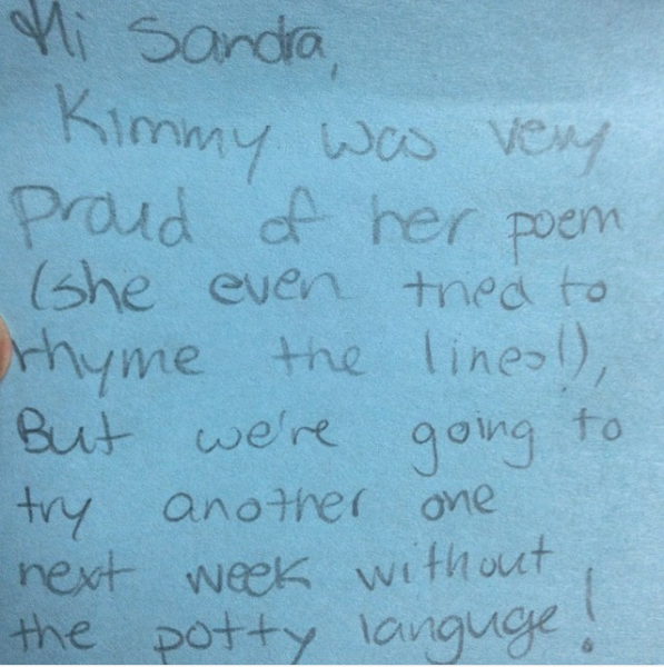 “Kimmy was very proud of her poem … but we’re going to try another one next week without the potty language.”