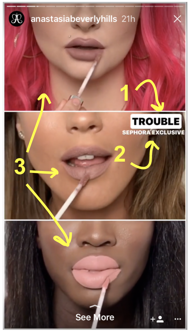 Each video included (1) the name of a lipstick shade, (2) where it would be available, and (3) three different videos of three different models applying said shade.