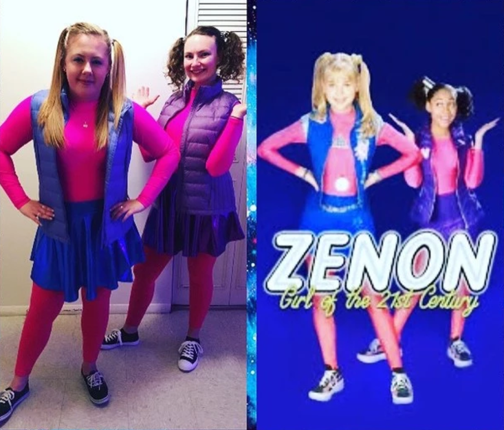Two women in leggings, short skirts, and pigtails next to the original Zenon girls