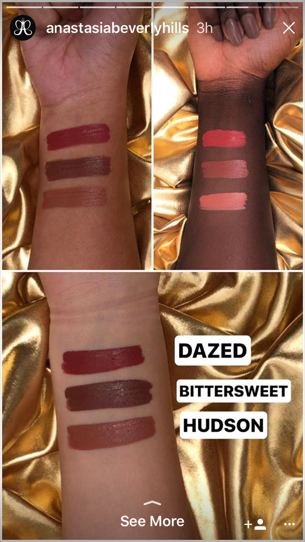 The following day, Anastasia Beverly Hills uploaded a second set of videos showcasing what appears to be three new lipstick swatches on three different models' arms. Again, only three lipstick shades are listed.