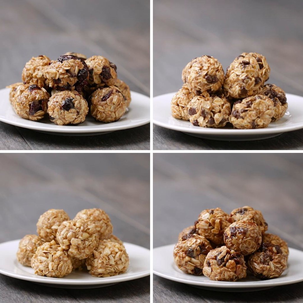 Vanilla Almond Energy Bites4 servingsINGREDIENTS100 g (1 cup) dry oat60 g (¼ cup) almond butter85 g (¼ cup) honey70 g (½ cup) almond½ teaspoon vanillaPREPARATION1. Mix oats, almond butter and honey in a large bowl.2. Add almonds and vanilla. Mix.3. Place bowl in the refrigerator for 30-60 minutes, or until the mixture has solidified.4. Mold mixture into bite-sized balls.5. Serve immediately.6. Enjoy!---Banana Chocolate Chip Energy Bites4 servingsINGREDIENTS100 g (1 cup) dry oat60 g (¼ cup) almond butter85 g (¼ cup) honey1 banana85 g (½ cup) chocolate chipPREPARATION1. Mix oats, almond butter and honey in a large bowl.2. Mash the banana, then add it into the bowl of oats.3. Add chocolate chips. Mix.4. Place bowl in the refrigerator for 60-90 minutes, or until the mixture has solidified.5. Mold mixture into bite-sized balls.6. Serve immediately.7. Enjoy!---Oatmeal Raisin Energy Bites4 servingsINGREDIENTS100 g (1 cup) dry oat60 g (¼ cup) almond butter85 g (¼ cup) honey35 g (¼ cup) raisin30 g (¼ cup) chopped pecan½ teaspoon ground cinnamon½ teaspoon vanilla salt, to taste, optionalPREPARATION1. Mix oats, almond butter and honey in a large bowl.2. Add raisins, pecans, cinnamon, vanilla and salt. Mix.3. Place bowl in the refrigerator for 30-60 minutes, or until the mixture has solidified.4. Mold mixture into bite-sized balls.5. Serve immediately.6. Enjoy!---Blueberry Energy Bites4 servingsINGREDIENTS100 g (1 cup) dry oat60 g (¼ cup) almond butter85 g (¼ cup) honey50 g (½ cup) dried blueberry¼ teaspoon cinnamon½ teaspoon vanilla salt, optionalPREPARATION1. Mix oats, almond butter and honey in a large bowl.2. Add dried blueberries, cinnamon, vanilla, and salt and mix to combine.3. Place bowl in the refrigerator for 30-60 minutes, or until the mixture has solidified.4. Mold mixture into bite-sized balls.5. Serve immediately.6. Enjoy!