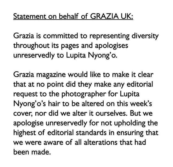 The magazine issued a statement via Instagram early this morning, claiming that they didn't ask the photographer to alter the image, but they apologize for "not upholding the highest of editorial standards in ensuring that we were aware of all alterations that had been made."