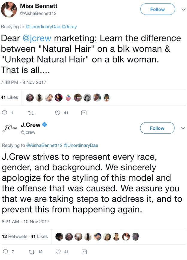 J. Crew also weighed in, ultimately tweeting an apology "for the styling of this model and the offense that was caused."