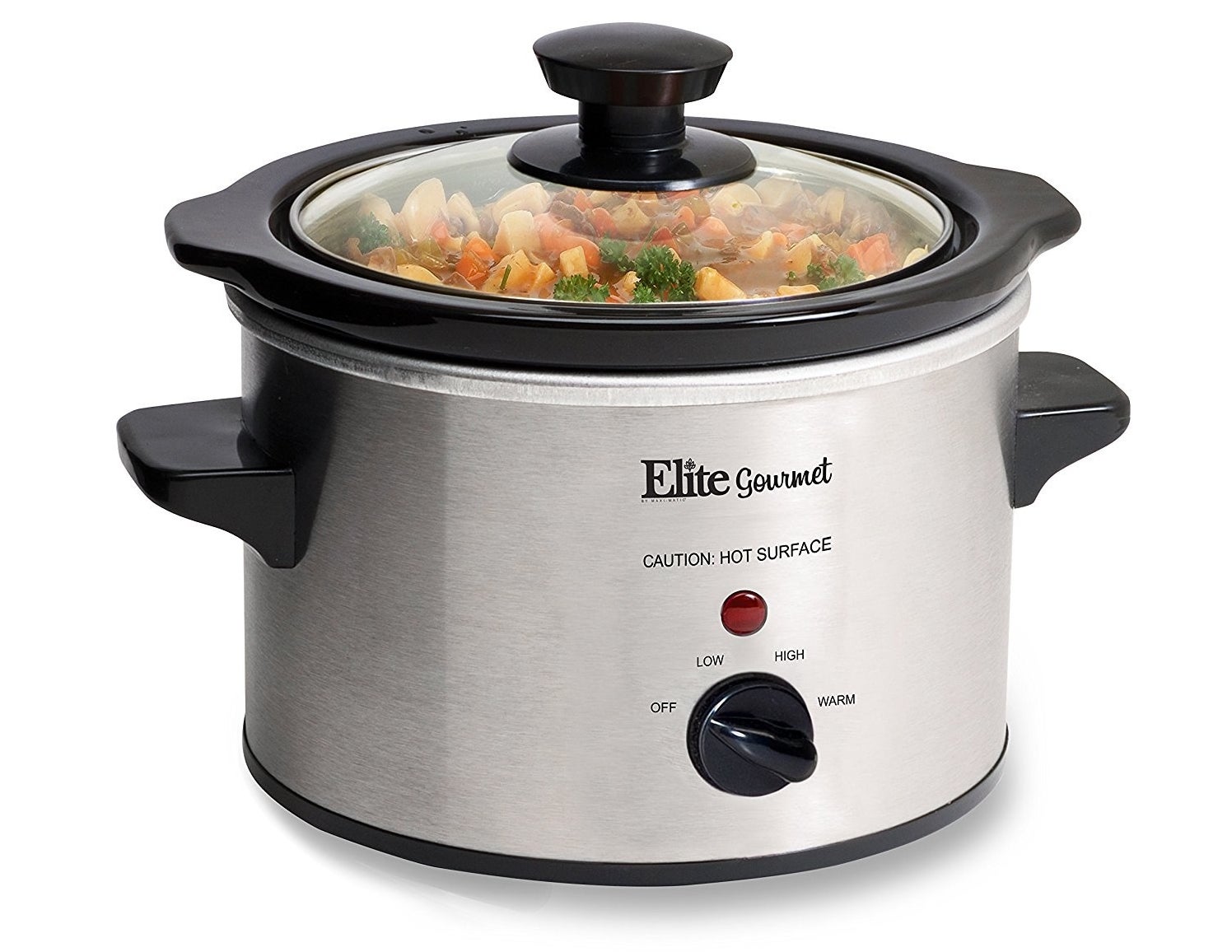 The slow cooker in silver, featuring black handles and a glass lid