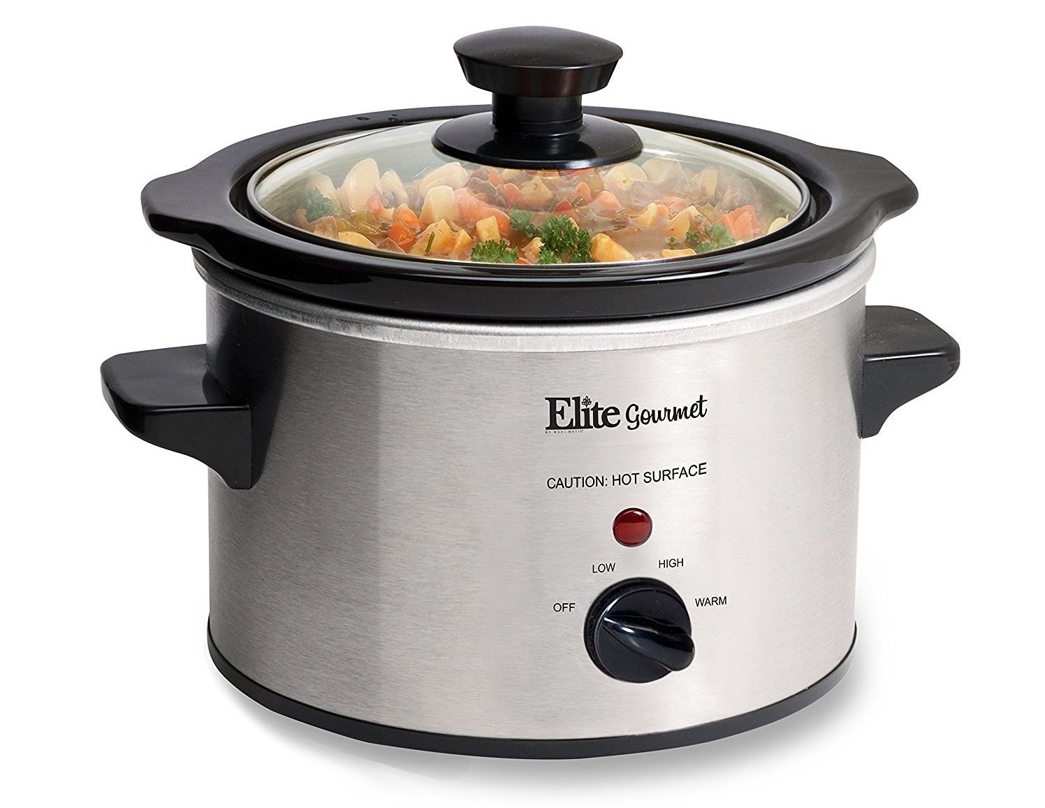 The slow cooker in silver, featuring black handles and a glass lid