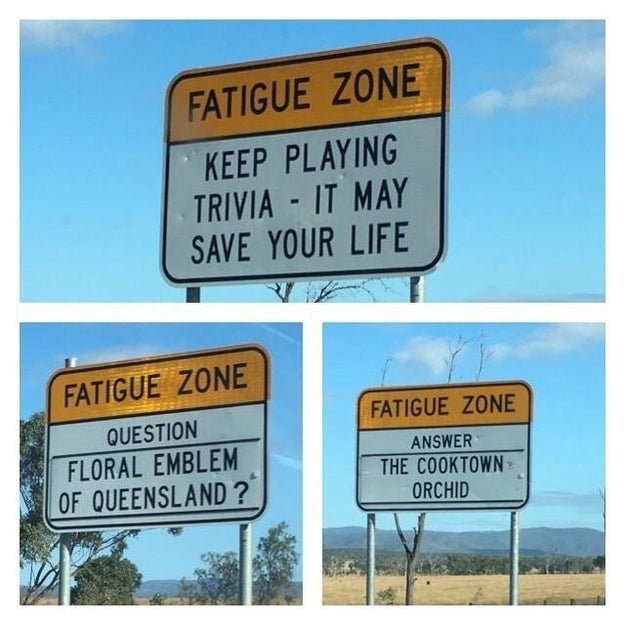 These road signs offer trivia questions so you don't fall asleep at the wheel.