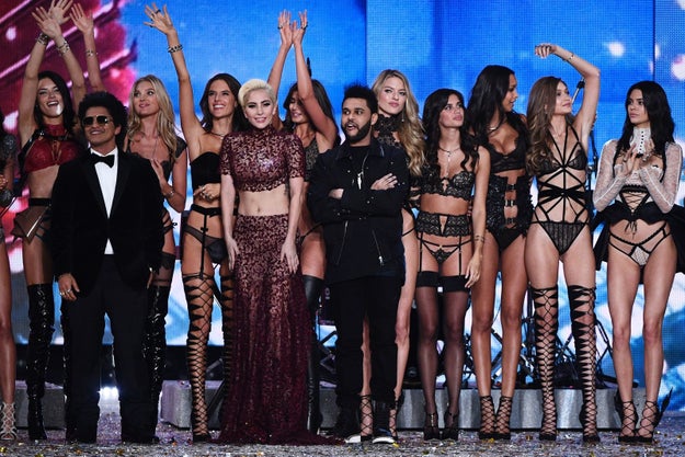 The performers: Bruno Mars, Lady Gaga, and The Weeknd, closing the show with some of the models.