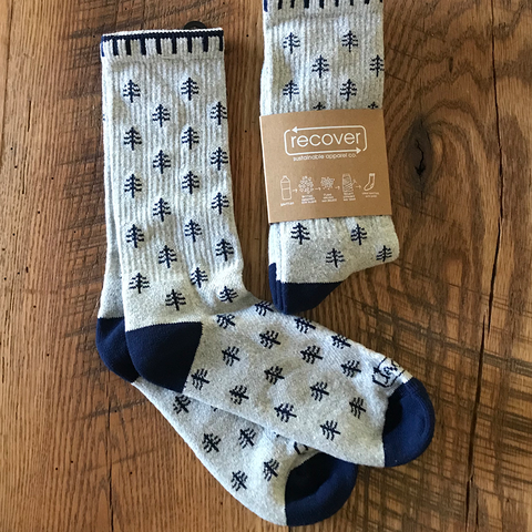 A pair of socks made entirely from recycled materials.