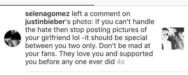 When Selena Gomez left this comment on Justin Bieber's Instagram, where he asked people to stop hating on his new girlfriend: