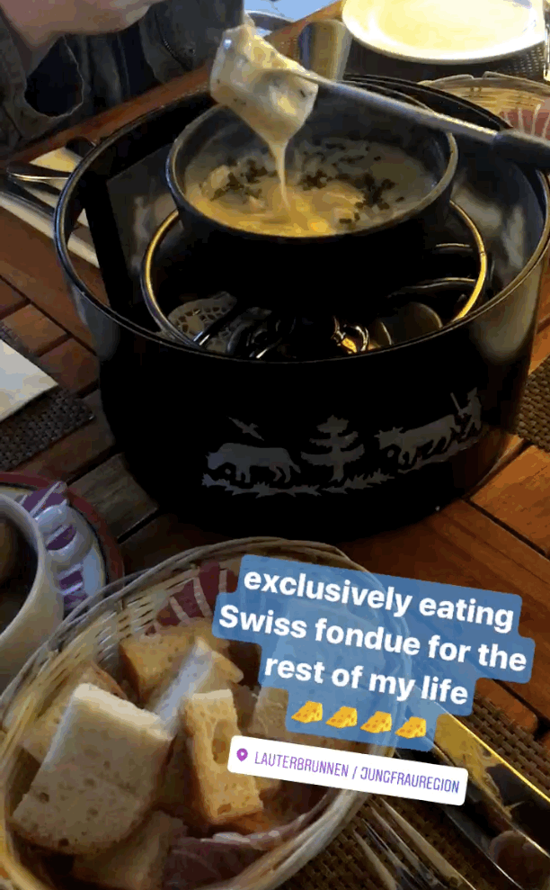 Melted, ooey goey cheese + endless tiny hunks of warm, soft bread — WHAT MORE COULD YOU WANT. There's just something about eating an entire bowl full of melted cheese outside on a porch while staring straight up at the Alps that will change your life.