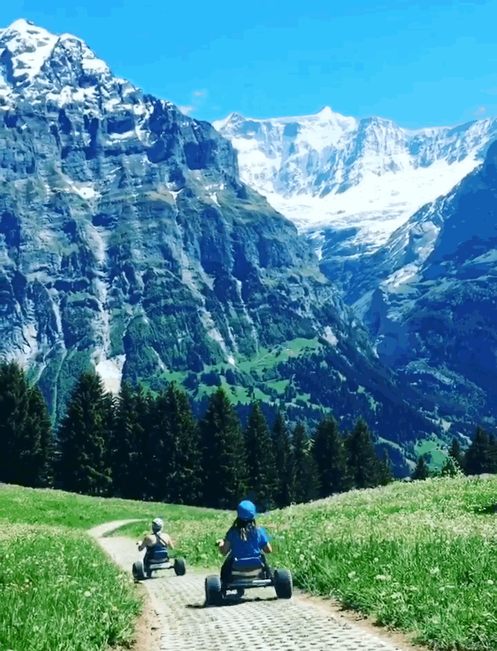 Once you've made it off the zipline, you can then hop onto a First Mountain Cart (which is basically a mix between a go-kart and a sled) and race your friends down the nearly two mile dirt road while surrounded by the giant soaring Alps. Which in my opinion will be, hands down, the best go-karting experience of your life.