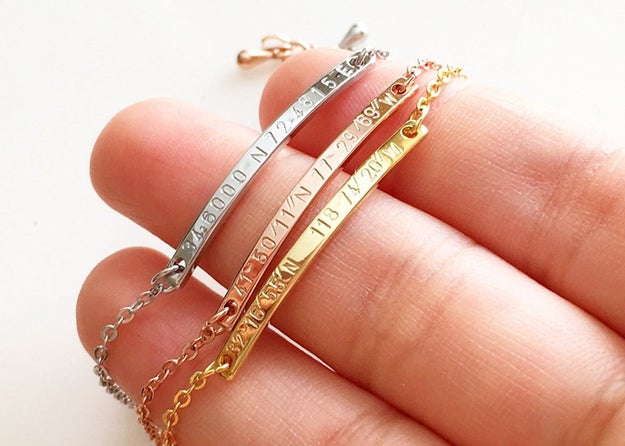 A handmade, plated bracelet stamped with anything from names to dates to or coordinates — whatever floats their boat.