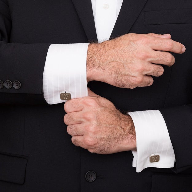 A pair of white-gold plated engraved cufflinks for a fashionable trick they can always have up their sleeve.