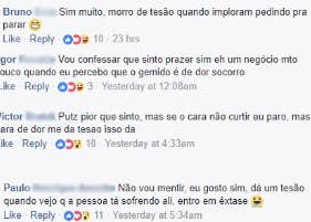 Outros relatos incluem: "é um negócio muito louco quando eu percebo que o gemido é de dor" e "dá um tesão quando vejo que a pessoa tá sofrendo... entro em êxtase". Apenas um deles afirma que sente prazer, mas para se o cara não curtir.