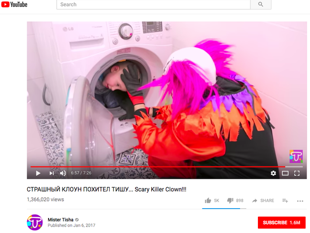 This video, from the account "Mister Tisha," features a man in a clown mask who abducts and forcefully jams a young child into a washing machine.