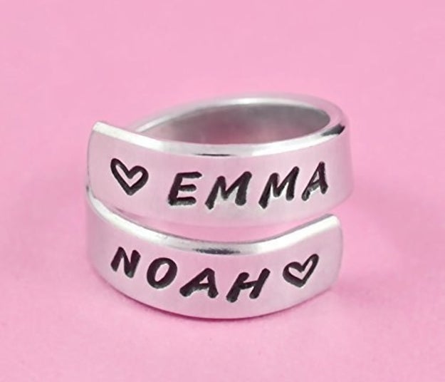 A hand-stamped aluminum ring, so technically you can say you put a ring on it.