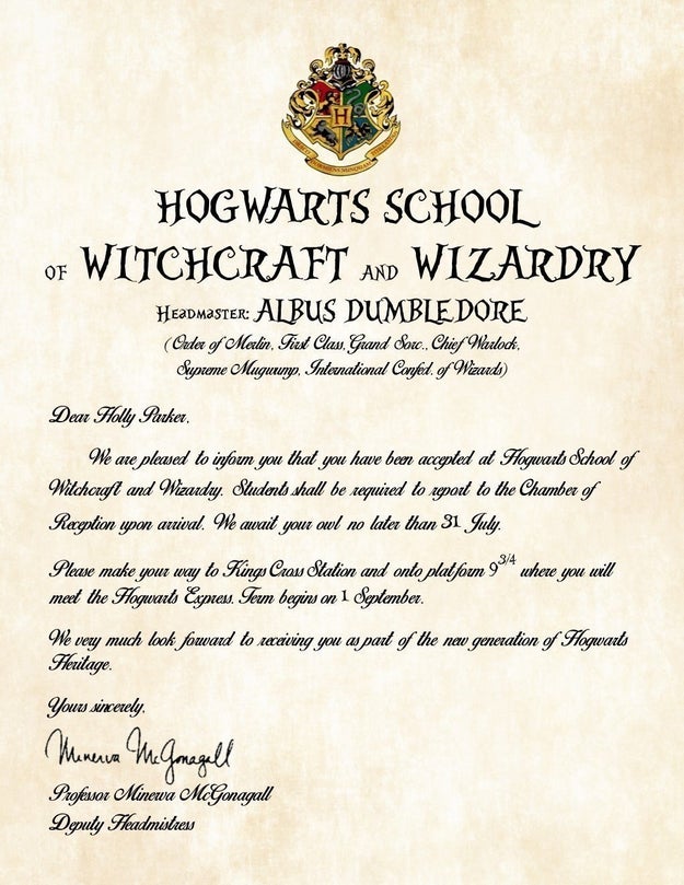 A personalized acceptance letter to Hogwarts to make you a keeper — always.