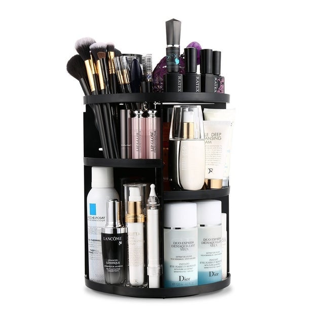 A polished rotating makeup organizer for the person who has wayyy more beauty products than space to store them.