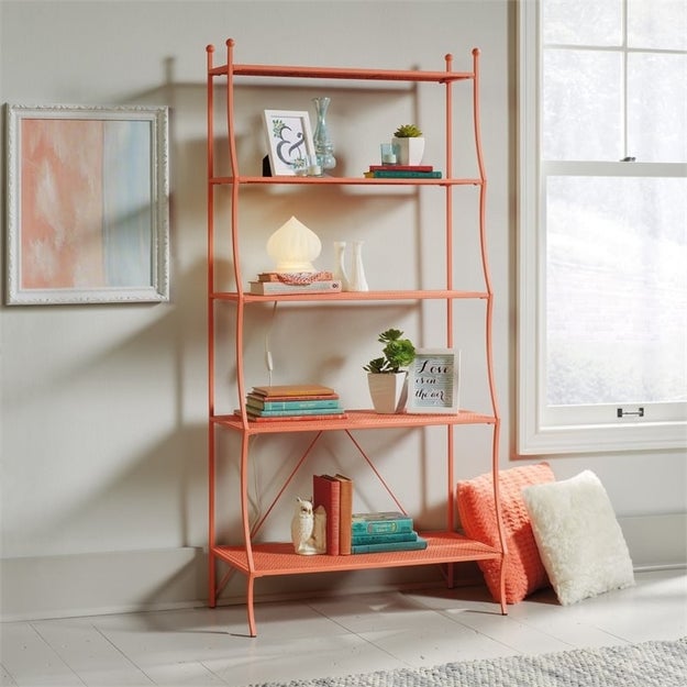 A whimsical coral-colored bookshelf to display said usage manuals and style guides proudly.