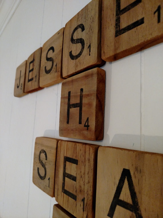 Scrabble tiles that spell out a name or special message with some good old-fashioned rustic and kinda nerdy flair.