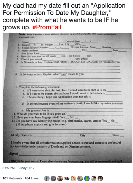 This guy, who actually has to fill out this application to date/go to prom with his girlfriend: