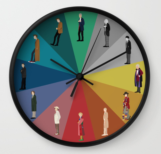 A clock featuring all the past Doctors.